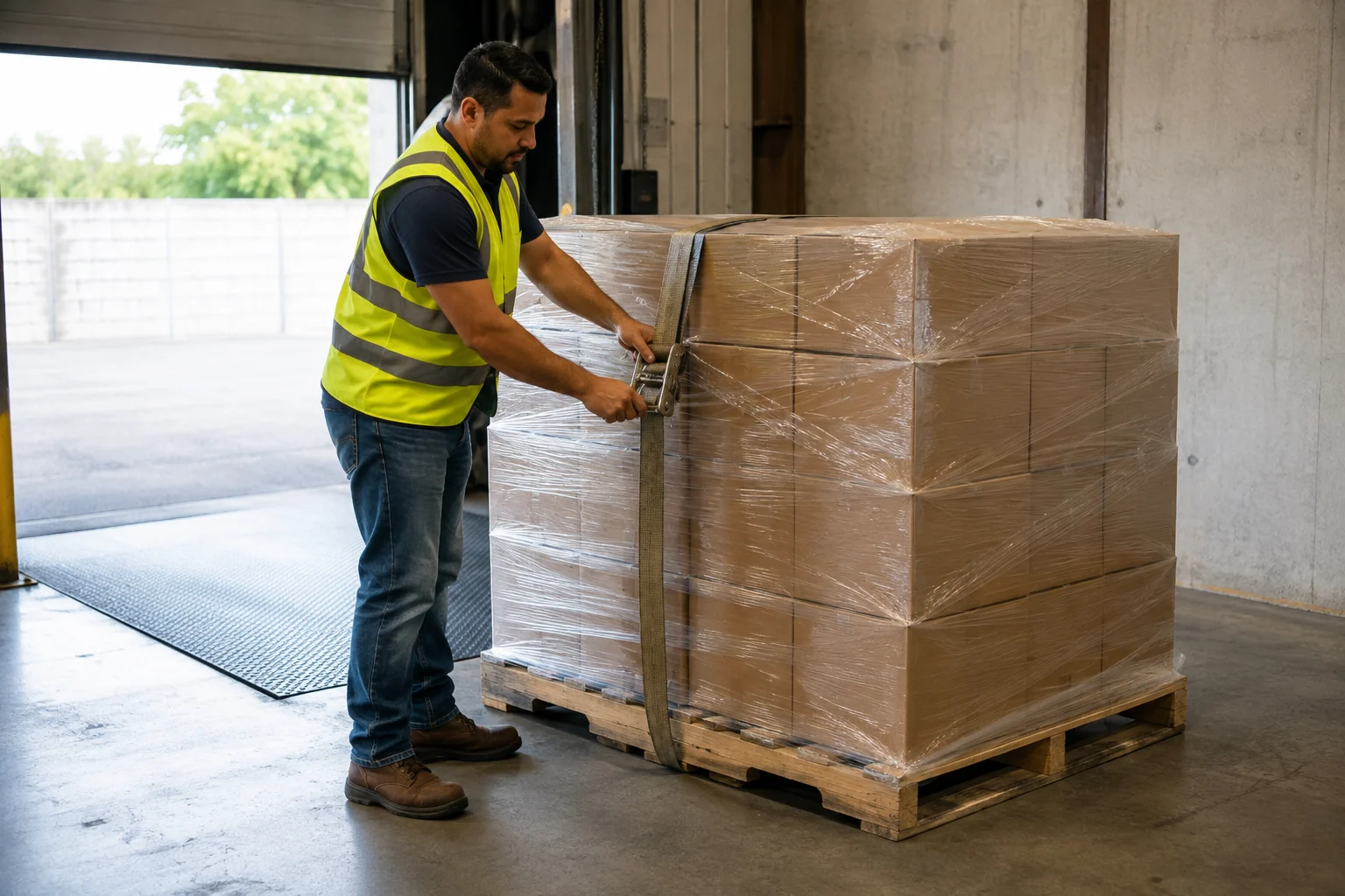 Warehouse worker securing a wrapped pallet of plain cartons at a loading bay