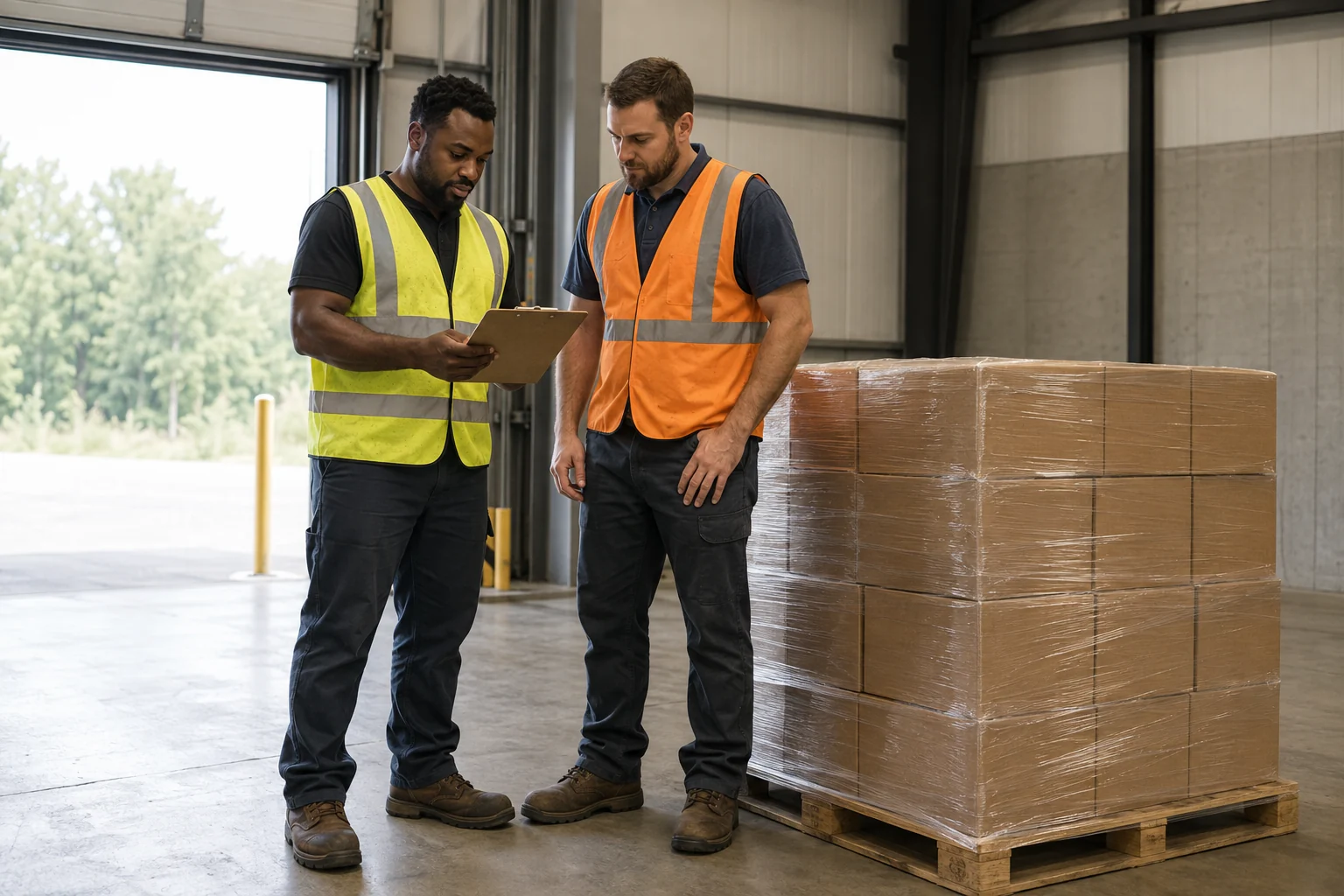 Two warehouse logistics workers reviewing a clipboard beside one wrapped pallet