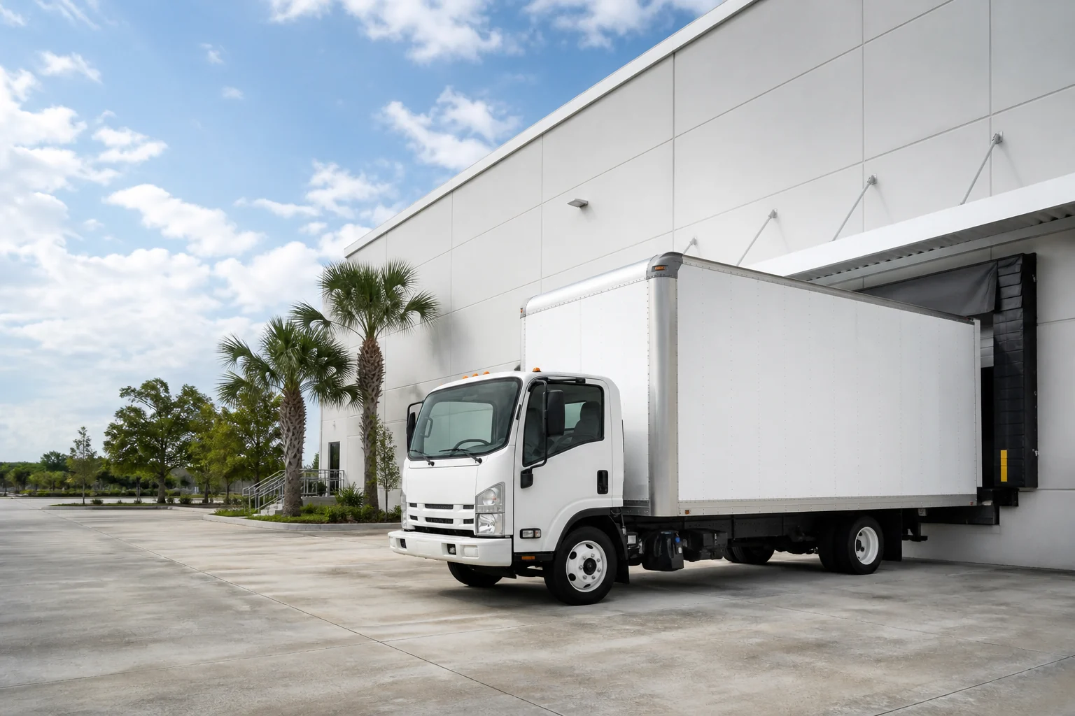 Unbranded white box truck positioned at a modern warehouse dock in a Florida setting