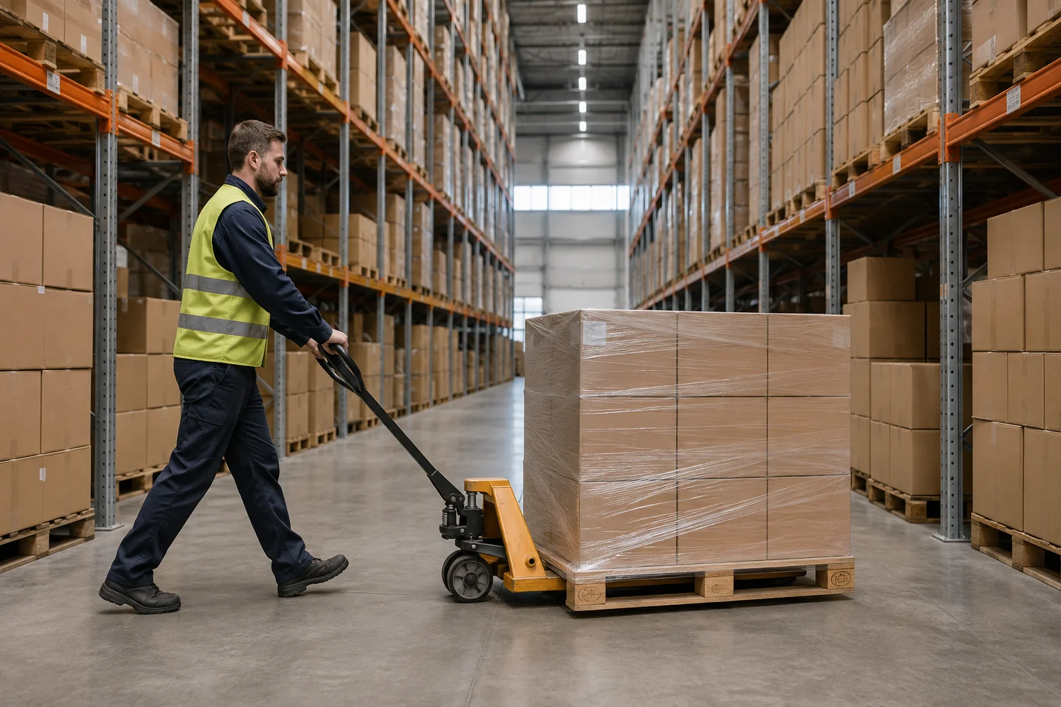 Warehouse worker moving one wrapped pallet with a manual pallet jack in an orderly aisle